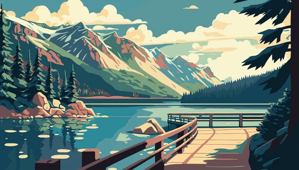 Bridge on the lake with mountain landscapes in the background. Landscape of mountains in anime style. Vector illustration