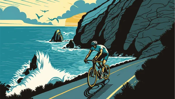 A cyclist riding on an ocean mountain road. Landscape of mountains. Vector illustration