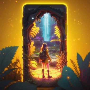 The girl looks at the magical luminous gate. 3d cartoon illustration of game place. . Vector illustration