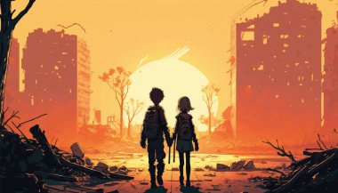 Illustration of a boy and a girl holding hands looking at the ruined city. Vector illustration
