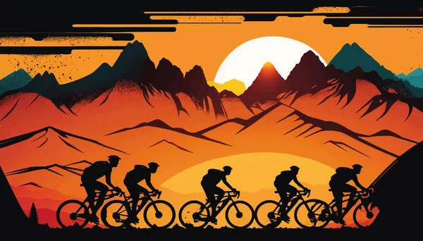 日没時に山の中で自転車のグループ 美しい風景を背景にレースをサイクリング ベクターイラスト — ストックベクタ
