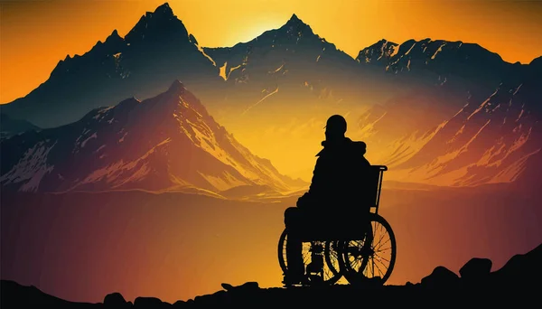 Silueta Una Persona Con Discapacidad Fondo Las Montañas Hombre Silla — Archivo Imágenes Vectoriales