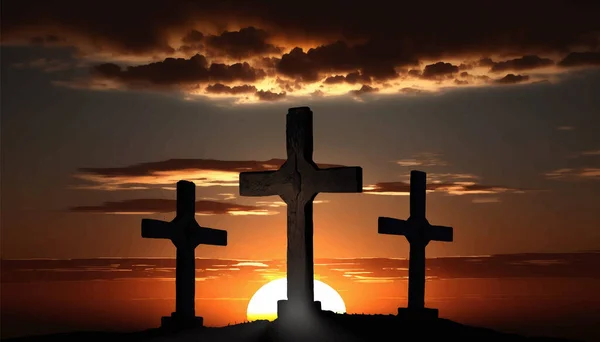 Drei Kreuze Auf Einem Hügel Mit Wolken Vor Sonnenaufgang Vektorillustration — Stockvektor