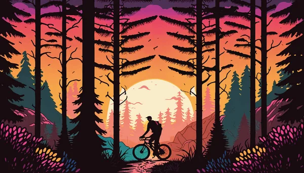 日落时分骑自行车在森林里的路上 矢量说明 — 图库矢量图片
