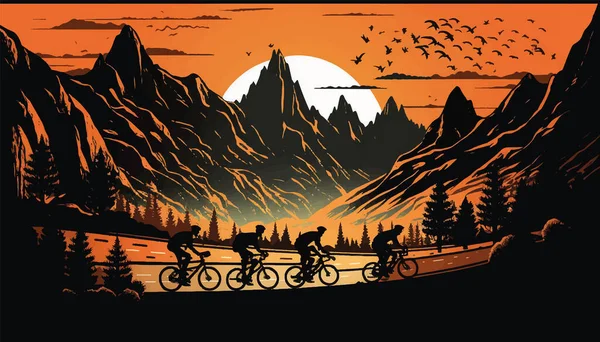 Group Cyclists Mountains Sunset Cycling Race Backdrop Beautiful Landscape Vector — Archivo Imágenes Vectoriales