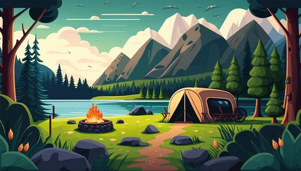 在森林里 有一辆四轮马车 一个帐篷 一个露天的篝火 在山川的背景下 矢量说明 — 图库矢量图片