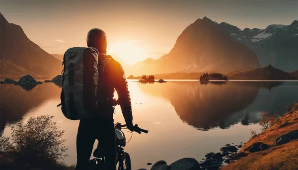 Τύπος Ποδήλατο Στέκεται Μπροστά Στη Λίμνη Στα Βουνά Εικονογράφηση Διανύσματος — Διανυσματικό Αρχείο