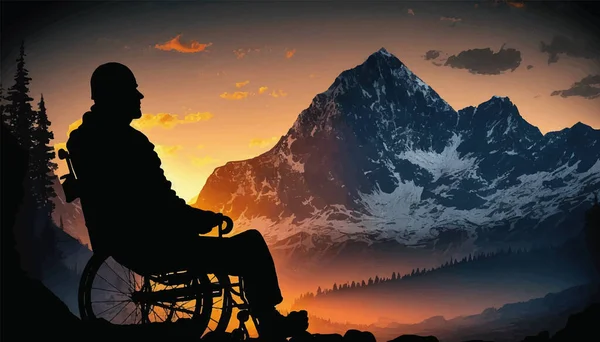 Dağların Arkasında Engelli Birinin Silueti Doğada Tekerlekli Sandalyedeki Bir Adam — Stok Vektör