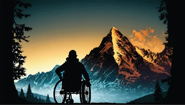 山地背景下的一个残疾人的轮廓 大自然中坐在轮椅上的人 矢量说明 — 图库矢量图片