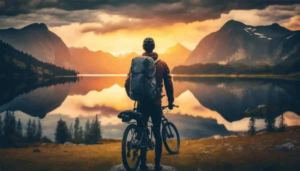 男は自転車で山の中の湖の前に立っている ベクターイラスト — ストックベクタ