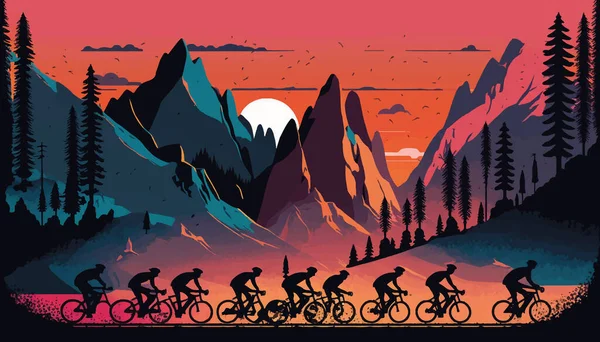 日没時に山の中で自転車のグループ 美しい風景を背景にレースをサイクリング ベクターイラスト — ストックベクタ