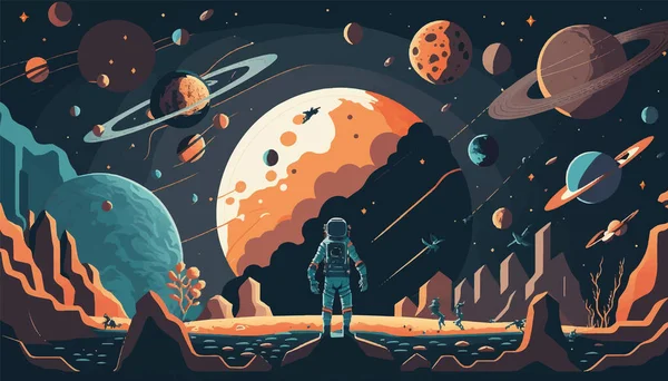 Astronauta Superficie Marte Póster Vectorial Retro Astronauta Planeta Rojo Espacio — Vector de stock