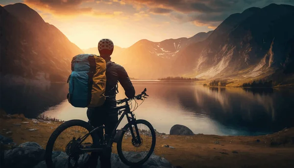 Τύπος Ποδήλατο Στέκεται Μπροστά Στη Λίμνη Στα Βουνά Εικονογράφηση Διανύσματος — Διανυσματικό Αρχείο