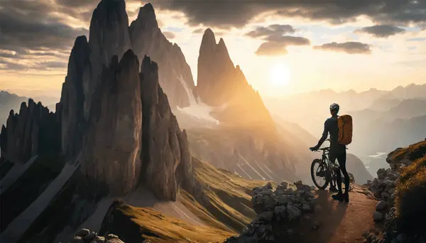 Ένας Άντρας Ποδήλατο Βουνού Στη Φύση Βουνά Δάσος Στο Βάθος — Διανυσματικό Αρχείο