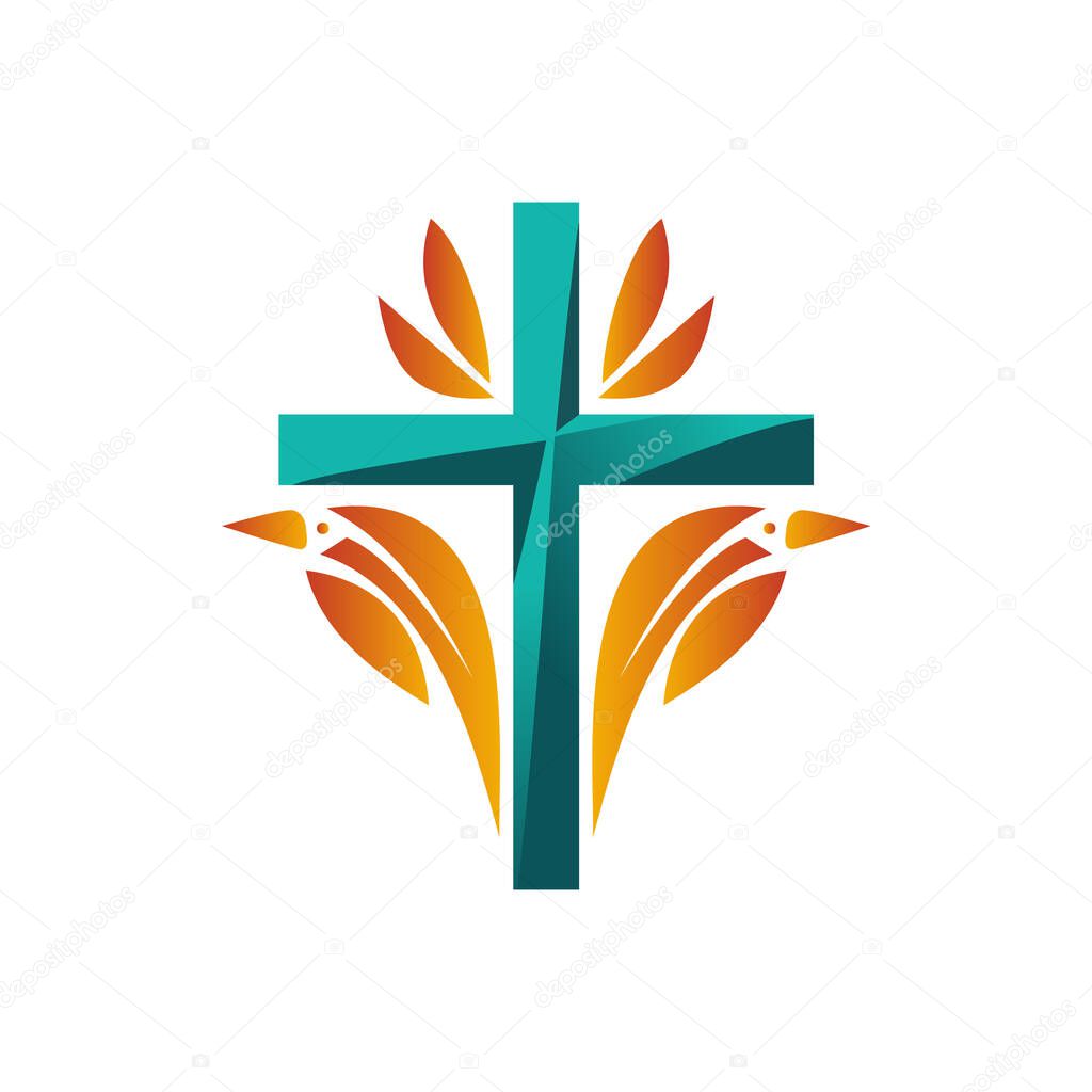 Religious blue cross on a white background. Christianity logo. . Vector illustration
