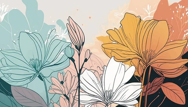 Kwiatowe Tło Ozdobione Kwitnącymi Kwiatami Liśćmi Ilustracja Płaska Ilustracja Wektora — Wektor stockowy