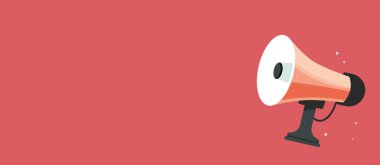 Megafonlu bir poster. Kırmızı arka planda düz dizayn megafonu. Vektör illüstrasyonu