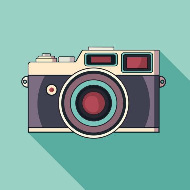 Mavi arka planda gölgesi olan yassı ikon klasik kamera. Vektör illüstrasyonu