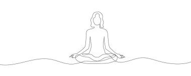 Lotus yogası pozunda oturan kadın. Beyaz arkaplana tek çizgi çizmeye devam et. Vektör illüstrasyonu