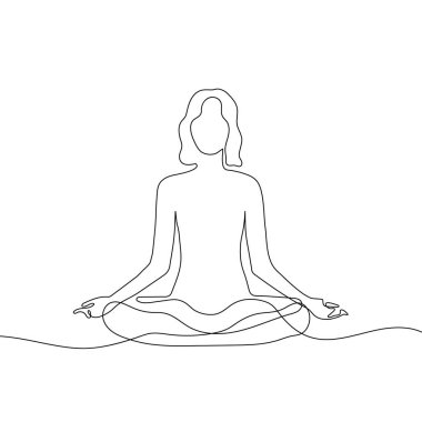Lotus yogası pozunda oturan kadın. Beyaz arkaplana tek çizgi çizmeye devam et. Vektör illüstrasyonu