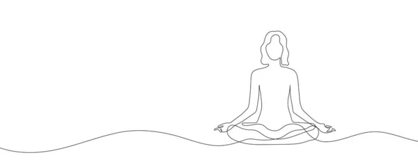 坐在莲花瑜伽姿势的女人 在白色背景上连续画一条线 矢量说明 — 图库矢量图片