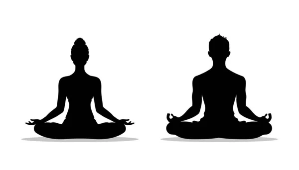 一个女人和一个男人在练习瑜伽的轮廓 在一个白色背景的莲花的位置上 矢量说明 — 图库矢量图片