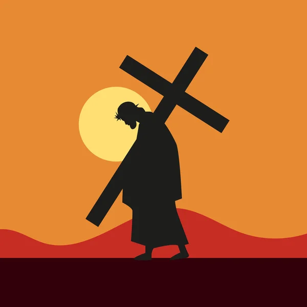 日落时分 耶稣背着十字架 矢量说明 — 图库矢量图片