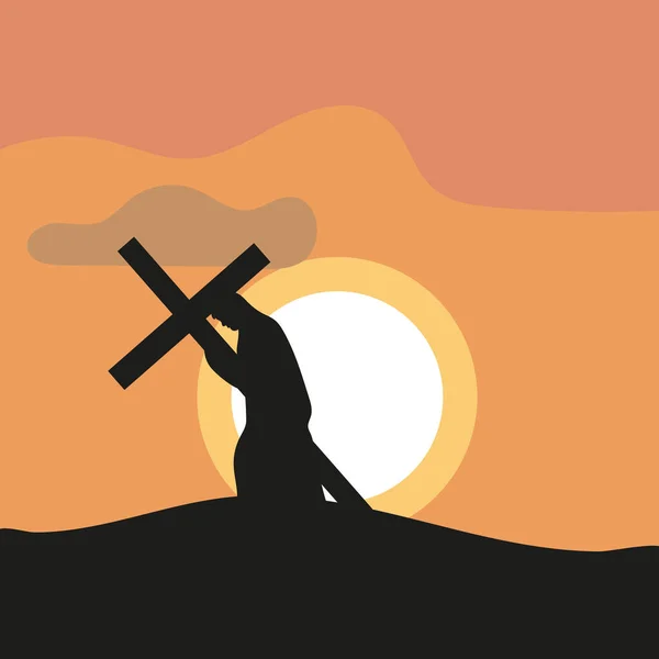 Jézus Cipelte Keresztet Vállán Naplementekor Vektorillusztráció — Stock Vector
