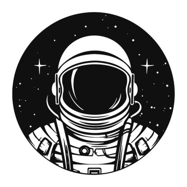 Uzayda bir astronot. Sonsuz evrenin arka planında takım elbiseli bir adam. Beyaz arka planda tek renkli logo. Vektör illüstrasyonu