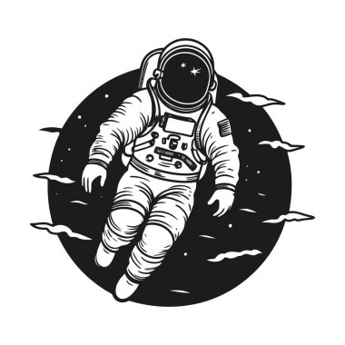 Uzayda bir astronot. Sonsuz evrenin arka planında takım elbiseli bir adam. Beyaz arka planda tek renkli logo. Vektör illüstrasyonu