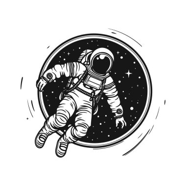 Uzayda bir astronot. Sonsuz evrenin arka planında takım elbiseli bir adam. Beyaz arka planda tek renkli logo. Vektör illüstrasyonu