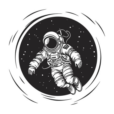 Uzayda bir astronot. Sonsuz evrenin arka planında takım elbiseli bir adam. Beyaz arka planda tek renkli logo. Vektör illüstrasyonu
