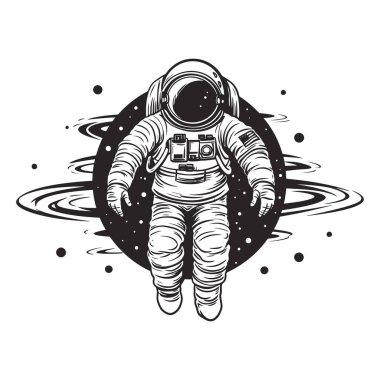 Uzayda bir astronot. Sonsuz evrenin arka planında takım elbiseli bir adam. Beyaz arka planda tek renkli logo. Vektör illüstrasyonu