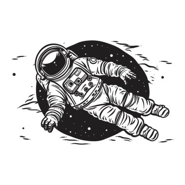 Uzayda bir astronot. Sonsuz evrenin arka planında takım elbiseli bir adam. Beyaz arka planda tek renkli logo. Vektör illüstrasyonu