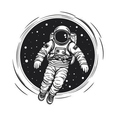 Uzayda bir astronot. Sonsuz evrenin arka planında takım elbiseli bir adam. Beyaz arka planda tek renkli logo. Vektör illüstrasyonu