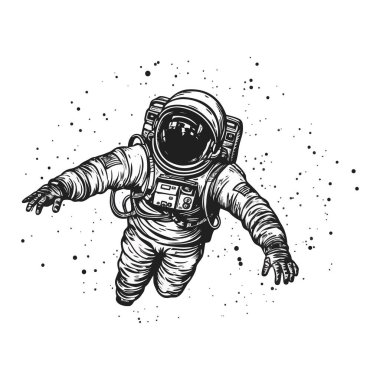 Uzayda bir astronot. Sonsuz evrenin arka planında takım elbiseli bir adam. Beyaz arka planda tek renkli logo. Vektör illüstrasyonu