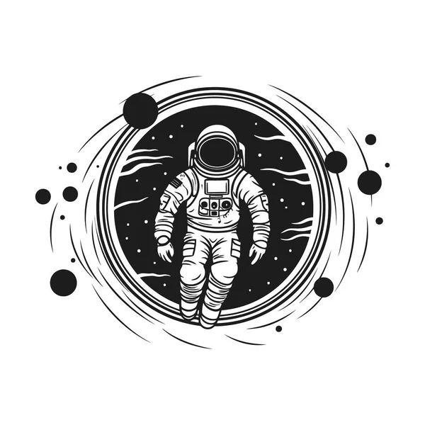 Astronauta Espaço Homem Fato Fundo Universo Infinito Logotipo Monocromático Sobre — Vetor de Stock