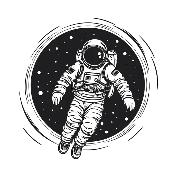 太空中的宇航员 一个穿西装的人在无限宇宙的背景下白色背景上的单色标识 矢量说明 — 图库矢量图片