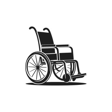 Beyaz arka planda düz siyah tekerlekli sandalye ikonu. Vektör illüstrasyonu