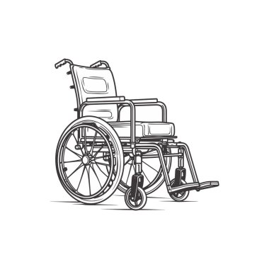 Beyaz arka planda düz siyah tekerlekli sandalye ikonu. Vektör illüstrasyonu