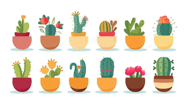 Set Cactus Interno Piatto Stile Cartone Animato Uno Sfondo Bianco — Vettoriale Stock