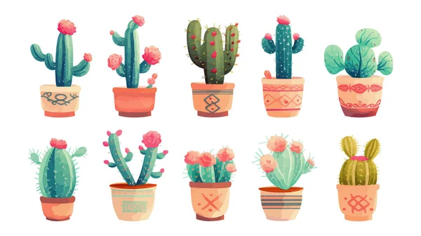 Set Cactus Interior Plano Estilo Dibujos Animados Sobre Fondo Blanco — Archivo Imágenes Vectoriales