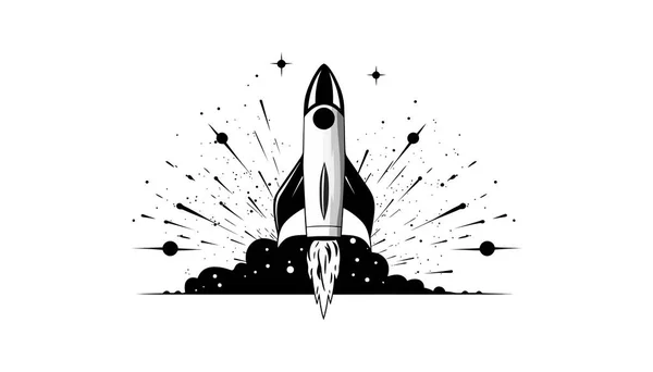 Ракетный Корабль Огнём Изолированный Белом Фоне Икона Плоская Летающей Ракетой — стоковый вектор