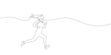 Tek çizgi çizerek koşan bir kadın. - Evet. Vektör illüstrasyonu