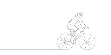 Caddede bir bisikletçi ya da bisikletçi geziyor. Sporcuların sürekli çizdiği bir çizgi. Vektör illüstrasyonu