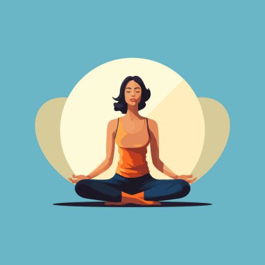 Lotus pozisyonunda oturan bir kadın. Düz stil logosu beyaz arkaplanda izole edilmiş. Vektör illüstrasyonu