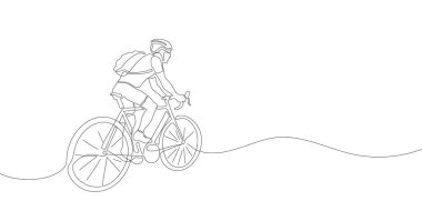 Caddede bir bisikletçi ya da bisikletçi geziyor. Sporcuların sürekli çizdiği bir çizgi. Vektör illüstrasyonu