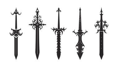 Beyaz arka planda izole edilmiş şövalye kılıçları. Kılıç siluetleri. Vektör illüstrasyonu