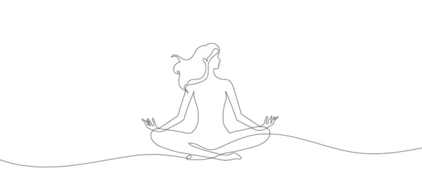 Kontinuerlig Linje Ritning Kvinna Sittande Cross Legged Mediterar Vektor Illustration — Stock vektor
