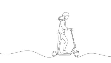 Elektrikli scooter kullanan bir kız. Scooter 'ı çizmeye devam et. Vektör illüstrasyonu